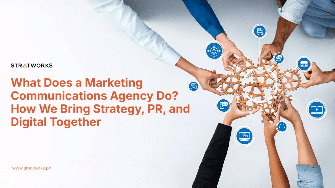 Top-down view of a diverse team holding interlocking wooden gears surrounded by digital marketing icons and Stratworks branding.